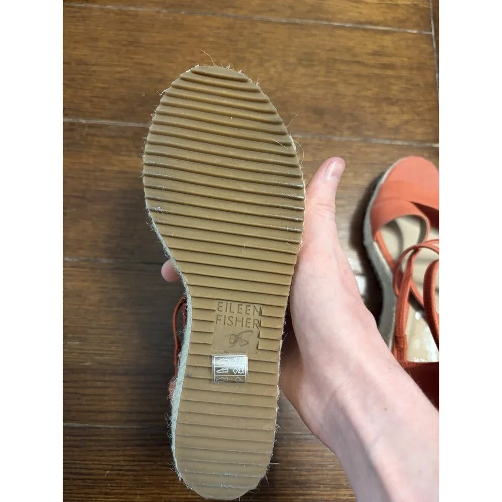 New! Eileen Fisher Wanda Orange Strappy Leather Espadrille Wedge Sandals 6.5